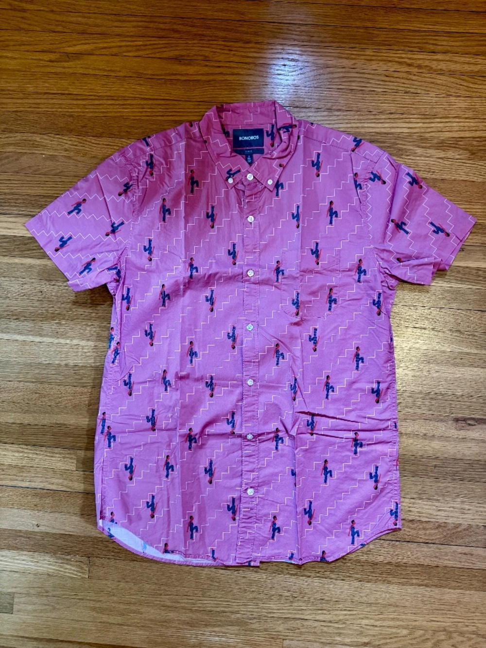 Bonobos Mens Short Sleeve Large Long Tall Slim Fit Pink Geometric Stairs Shirt